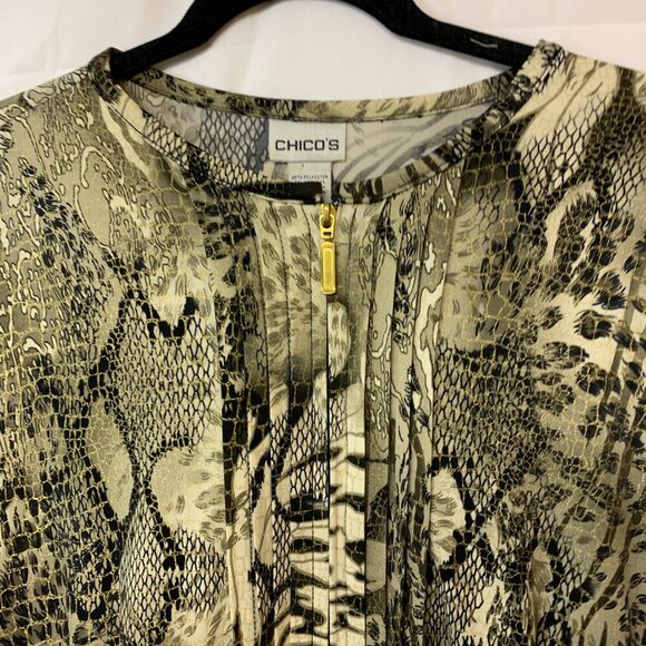 Chicos Blazer Multi Animal Print Metallic Green Bomber Zip Up Womens SZ 2(12-14) - Picture 2 of 9